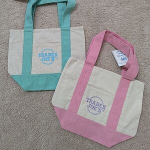 Trader Joe's Mini Canvas Tote Bags Set Of 2 - Mint And Pink BNWT